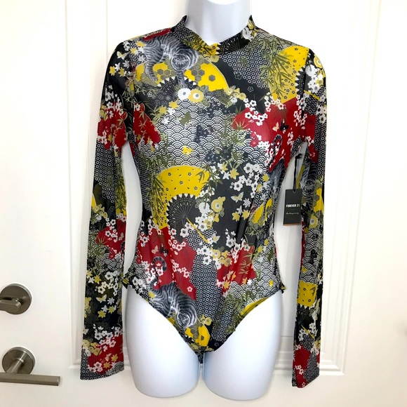 Forever 21 Tops - NWT F21 Sheer Contemporary ornate multi floral mesh bodysuit sz XL
